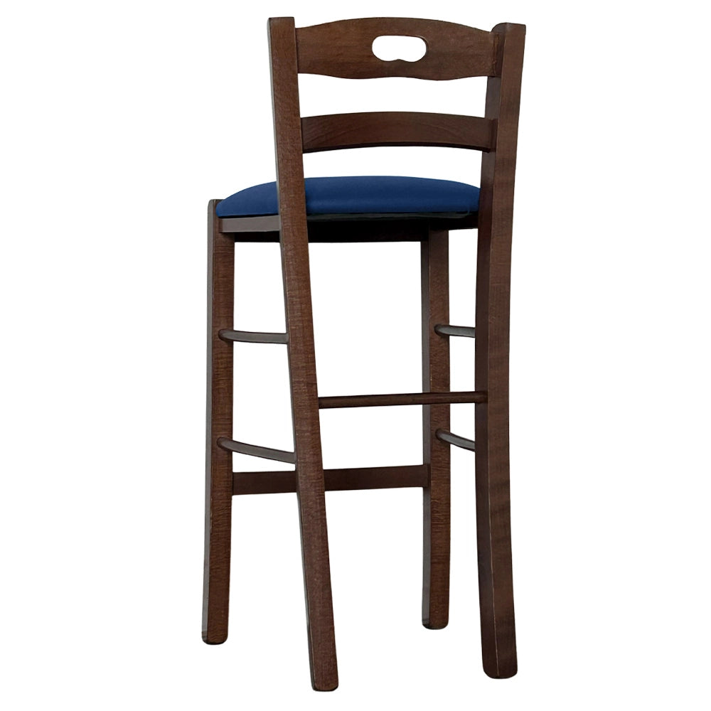 Sgabello legno noce scuro con foro nello schienale h66 seduta ecopelle blu