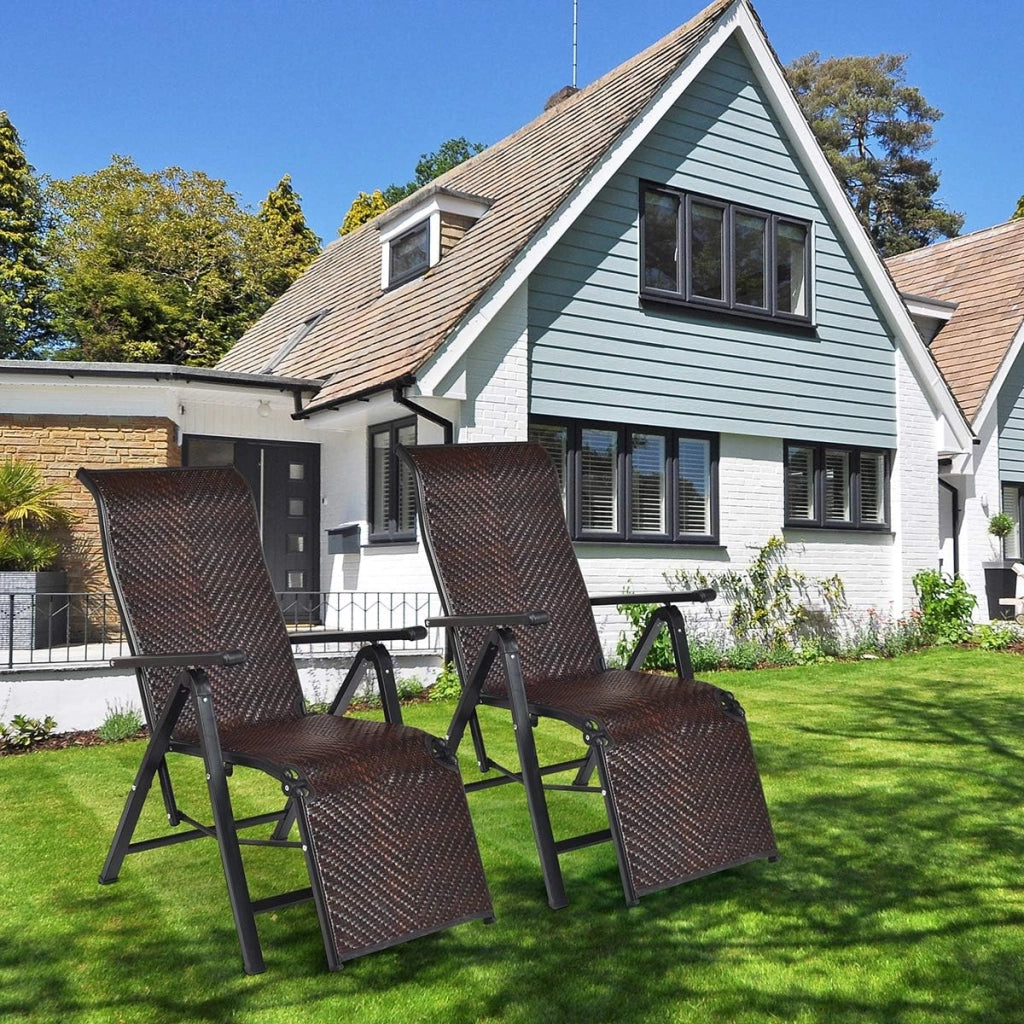 Sedia a sdraio pieghevole, set da 2 pezzi, sdraio da giardino, schienale regolabile, sdraio da campeggio, sdraio relax in rattan, portata fino a 113 kg, pieghevole 151,5 x 59 x 75 cm