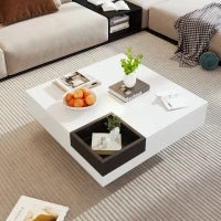 Tavolino da caffè lucido, tavolino con scatola portaoggetti rimovibile ed effetto luce LED, 72×72×30 cm, Bianco