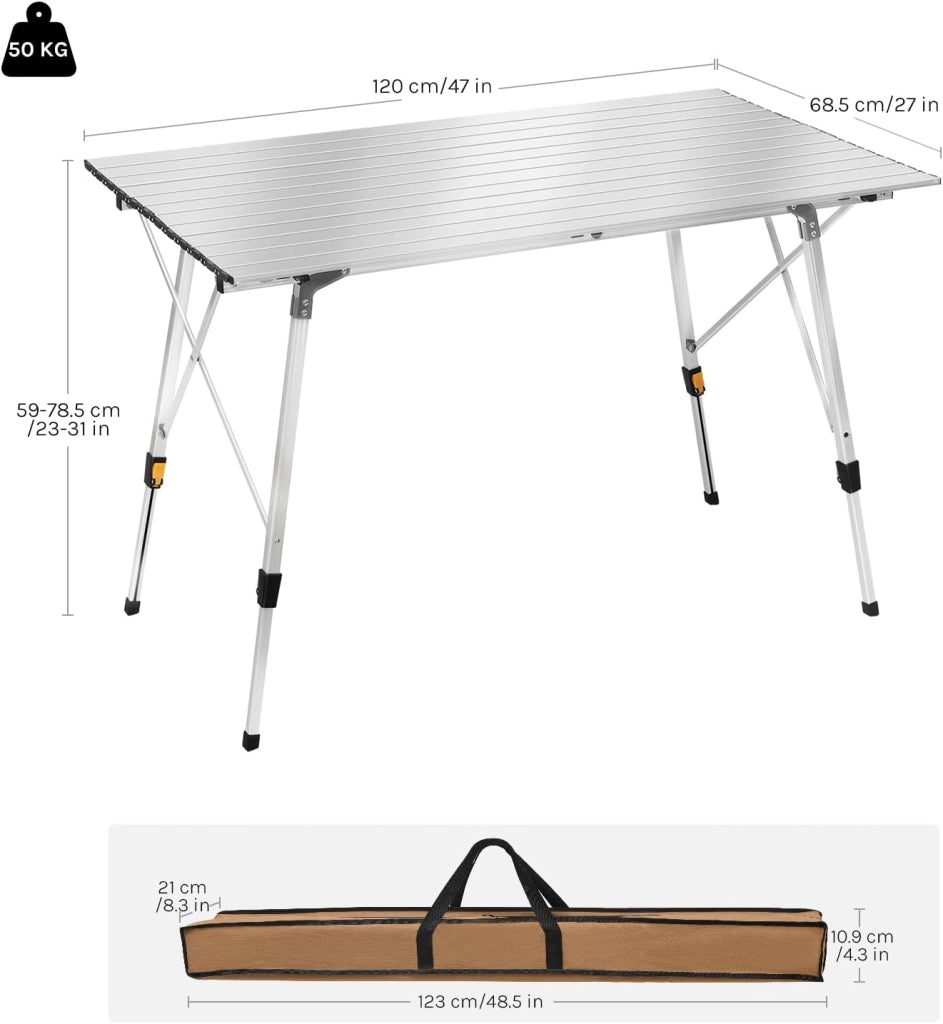 Tavolo da Campeggio Pieghevole Portatile in Alluminio per Picnic Giardino Altezza Regolabile 120x68,5x59/78,5 cm Argento