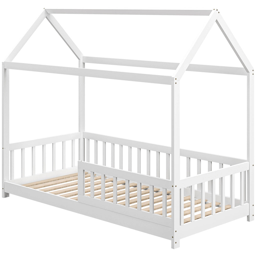 Letto a Casetta per Bambini ¨C Xylo ¨C Legno Pino Bianco con Doghe e Recinzione 96x195x165 cm