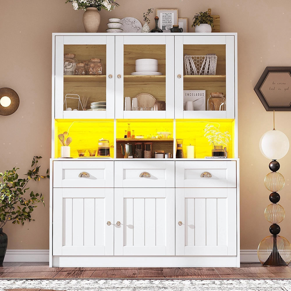 Credenza Cucina Alta 140x40x175cm - Xylo - Luci LED RGB Regolabili, Bianco/Nero