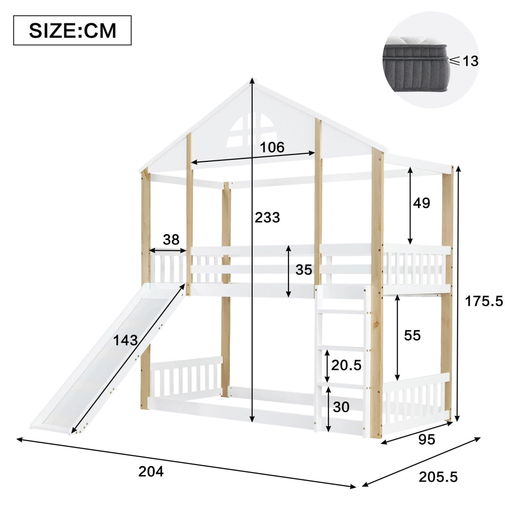 Letto a castello per bambini 90x200 cm con scivolo