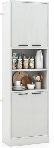 Credenza da Cucina, Mobile Buffet Alto con 2 Armadi a Doppia Porta e 2 Mensole Aperte, per Soggiorno, Cucina e Sala da Pranzo, 56 x 30 x 190 cm (Quercia Bianca)