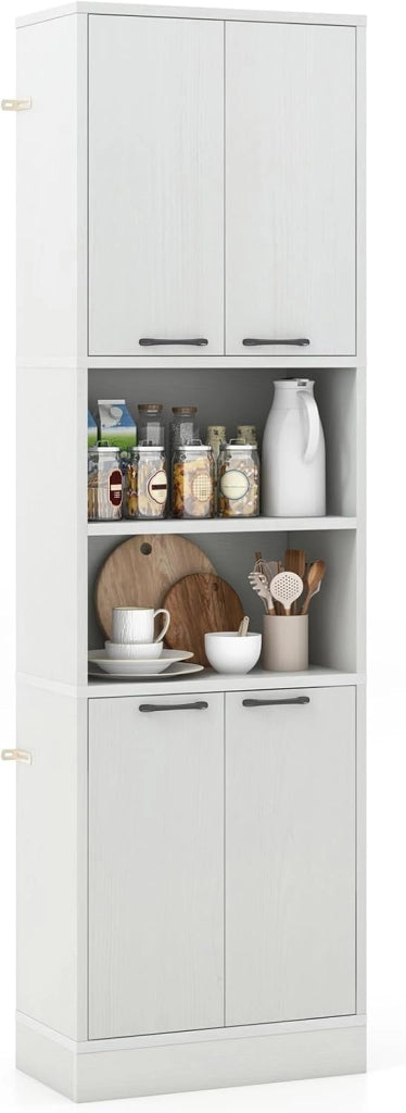 Credenza da Cucina, Mobile Buffet Alto con 2 Armadi a Doppia Porta e 2 Mensole Aperte, per Soggiorno, Cucina e Sala da Pranzo, 56 x 30 x 190 cm (Quercia Bianca)