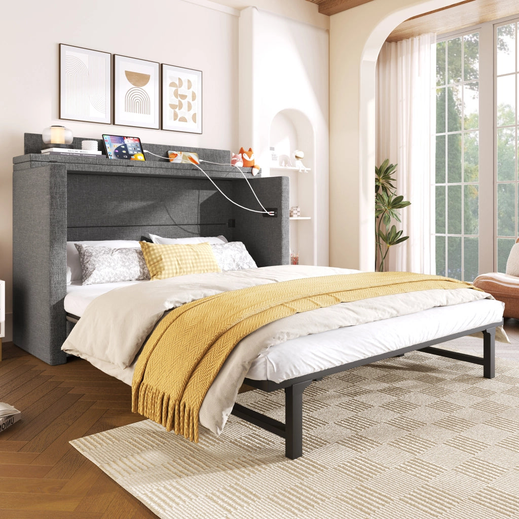 DESMIU Letto a scomparsa 140 × 200 cm 2 posti con 1 cassetto, USB, Type-C e ripiano, senza materasso, grigio