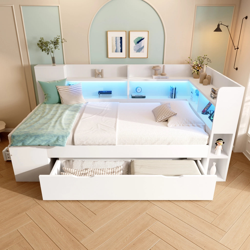 DESMIU Letto divano 90 × 200 cm 1 posto con USB, Type-C, LED, ripiani e cassetti, senza materasso, bianco