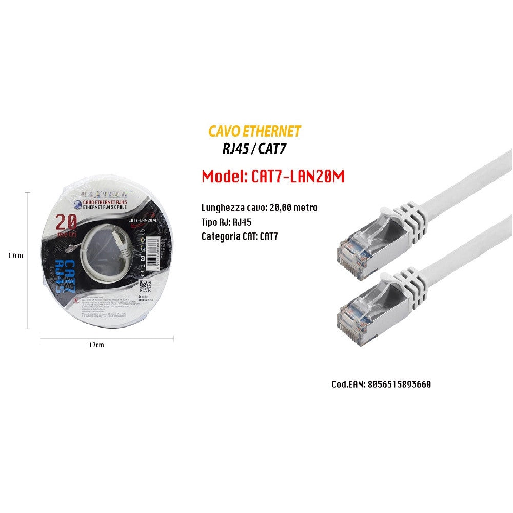 Trade Shop - Cavo Di Rete Ethernet Cat 7 Cavetto Lan Rj45 20 Metri Maxtech Cat7-lan20m -
