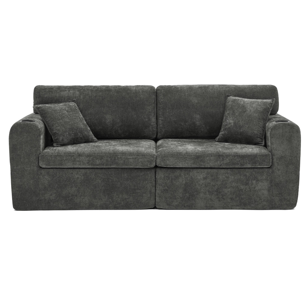 Divano relax a 2 posti in chenille con USB; tasche laterali e portabicchieri; nero 220x100x89 cm