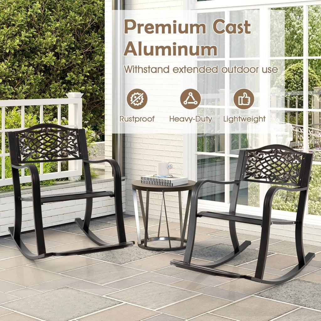 Sedia a dondolo in alluminio pressofuso, sedia a dondolo da giardino con bilanciamento morbido, poltrona da patio con poggiapiedi, schienale alto, carico 150 kg, 91 x 62 x 86 cm