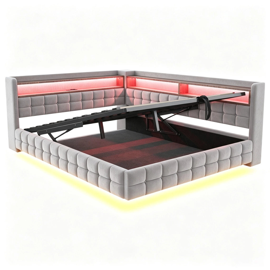 Letto Contenitore 140x200 cm; Letto Matrimoniale con USB; Type-C; LED e Mensole