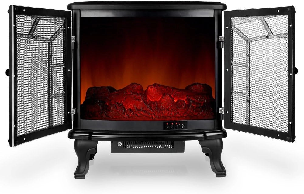 DEUBA® Caminetto Elettrico 2000W Termocamino Luce LED Effetto Fiamma Realistico Stufa Elettrica Camino Nero Doppia Porta