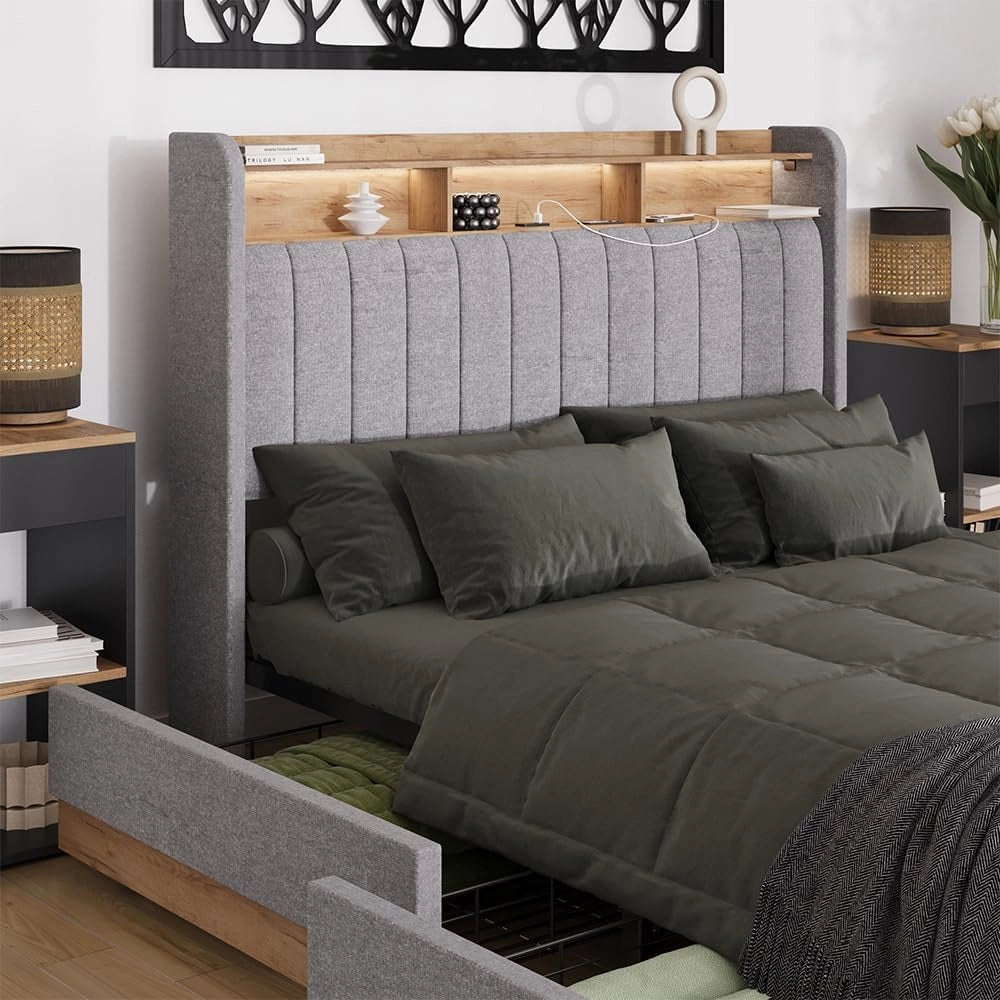 Letto imbottito Nura, Grigio, 140x200 cm con 4 cassetticon porta di ricarica USB, illuminazione a LED e telecomando