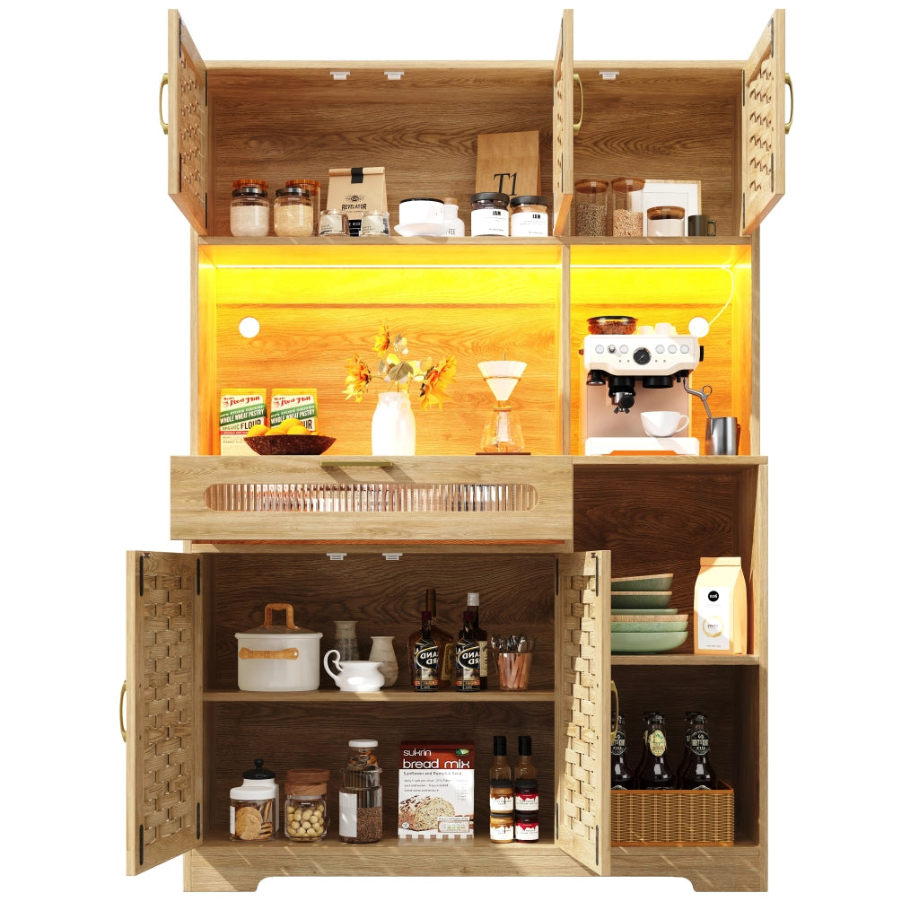 Credenza Alta da Cucina con Ante in Vetro e Ripiani Regolabili con LED per Cucina in MDF 120x40x180 cm Naturale