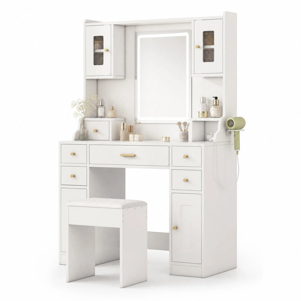 Tavolo da trucco bianco con specchio LED, 6 cassetti, 4 ante e prese integrate