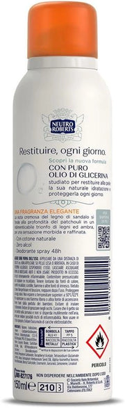 NEUTRO ROBERTS DEODORANTE SPRAY CON PURO OLIO DI GLICERINA ZERO ALCOL 48H DI PROTEZIONE ASCIUTTO CON SANDALO E PATCHOULI 150 ML