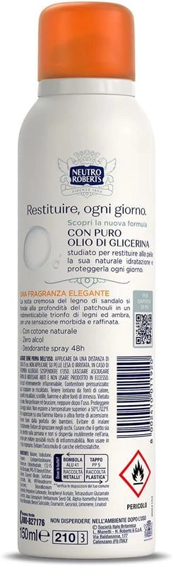 NEUTRO ROBERTS DEODORANTE SPRAY CON PURO OLIO DI GLICERINA ZERO ALCOL 48H DI PROTEZIONE ASCIUTTO CON SANDALO E PATCHOULI 150 ML