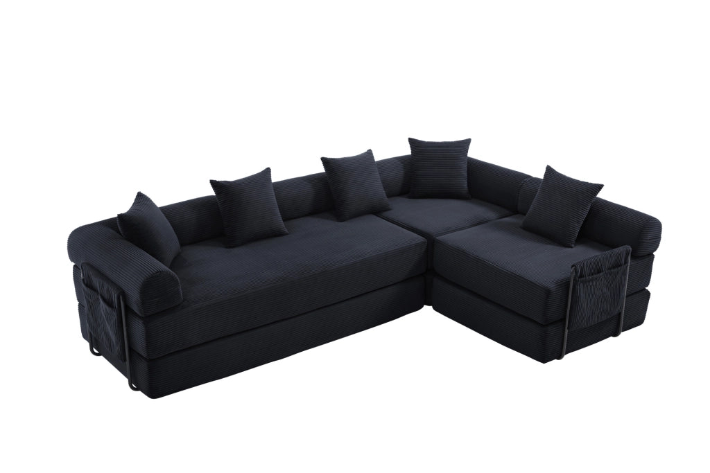 Divano modulare 270x180x64 cm trasformabile in letto con tasca laterale in velluto a coste nero