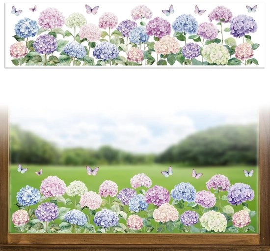 Sticker per vetro Decorativo, Veramente Removibile, 120cm x 30cm, 1 Adesivo, Disegno Hortensia e Farfalla