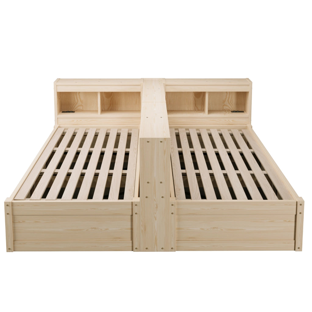 Letto multifunzione 90/180x200 cm in legno naturale con LED; prese integrate e contenitore