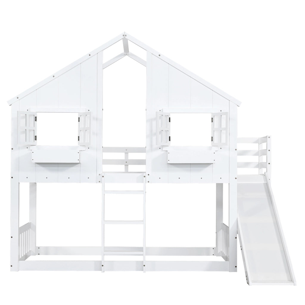 Letto a Castello per Bambini con Scivolo, Tetto e Rete di Protezione ¨C MINIMAL ¨C Pino/MDF, Bianco, 90x200