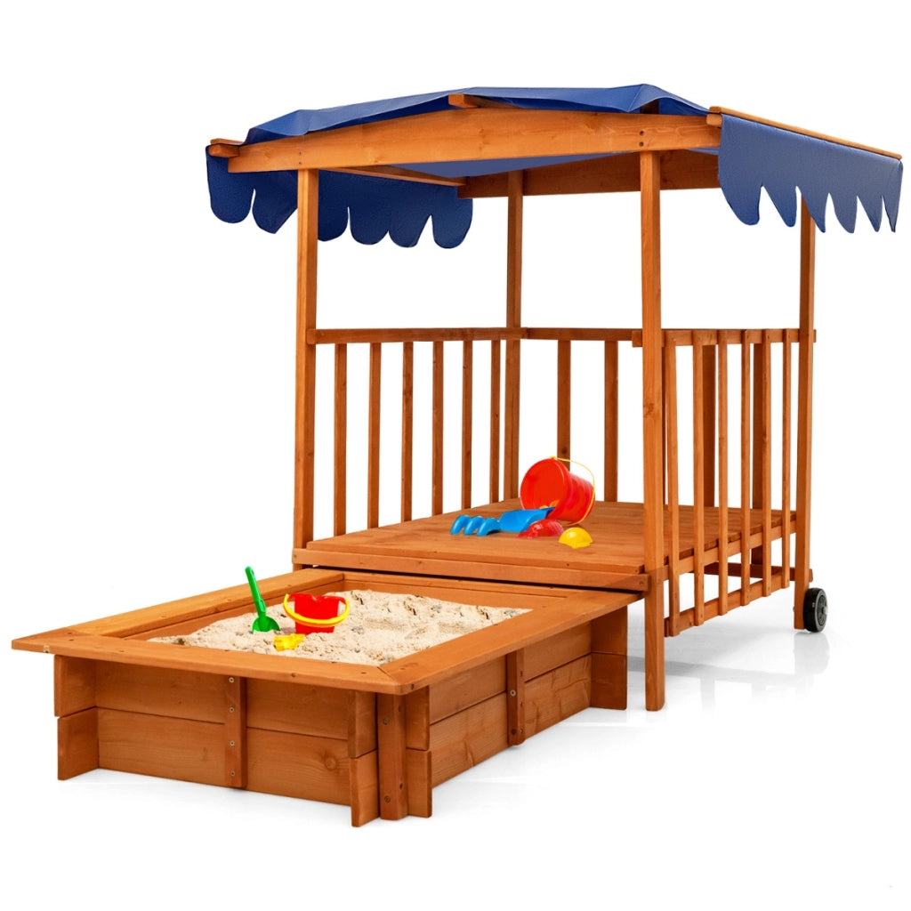 Sabbiera per bambini con tettoia e ruote posteriori, Sabbiera con parapetti di sicurezza per cortile e spiaggia