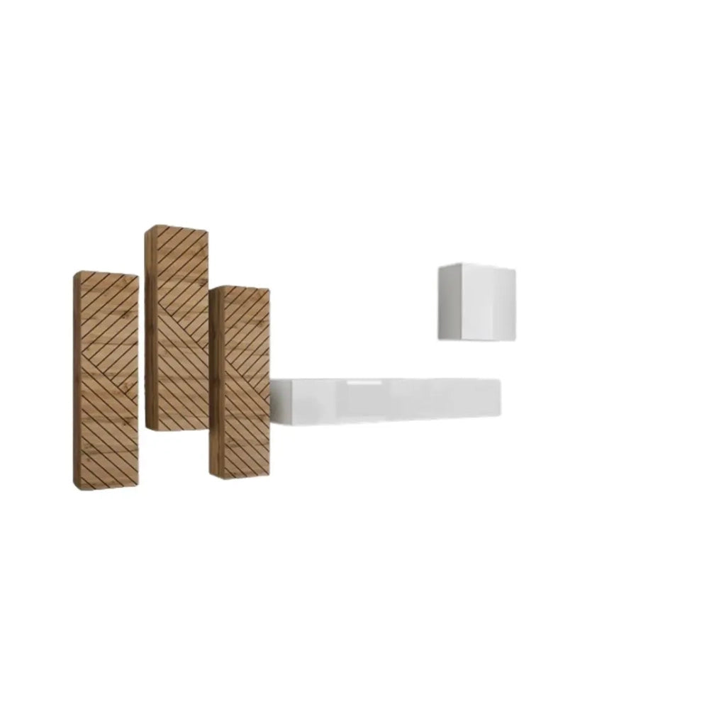 Set di mobili da salotto SWITCH III design, colore bianco e quercia Wotan. Finiture lucide e effetto quercia fresata.