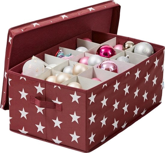 Cassetto per palline di Natale, con 30 contenitori, rosso con stelle, dimensioni 58 x 36 x 25 cm.