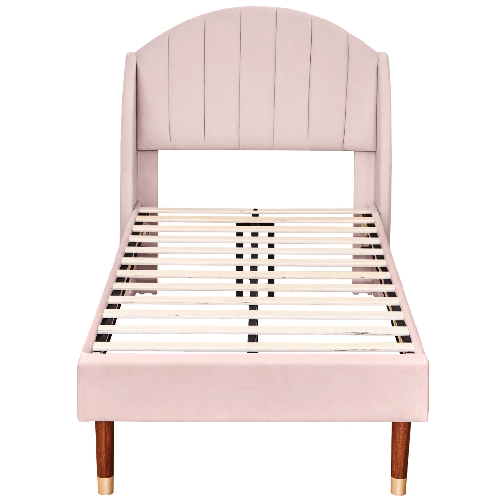 Letto imbottito 90x200 cm in velluto rosa con rete a doghe e testiera, struttura stabile, montaggio semplice