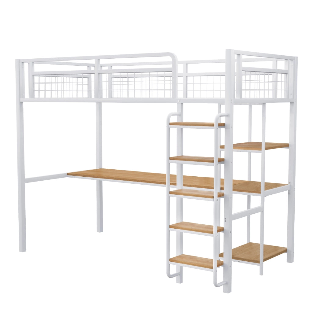 Letto a castello singolo bianco con funzione scrivania e scaffali in metallo 90x200 cm