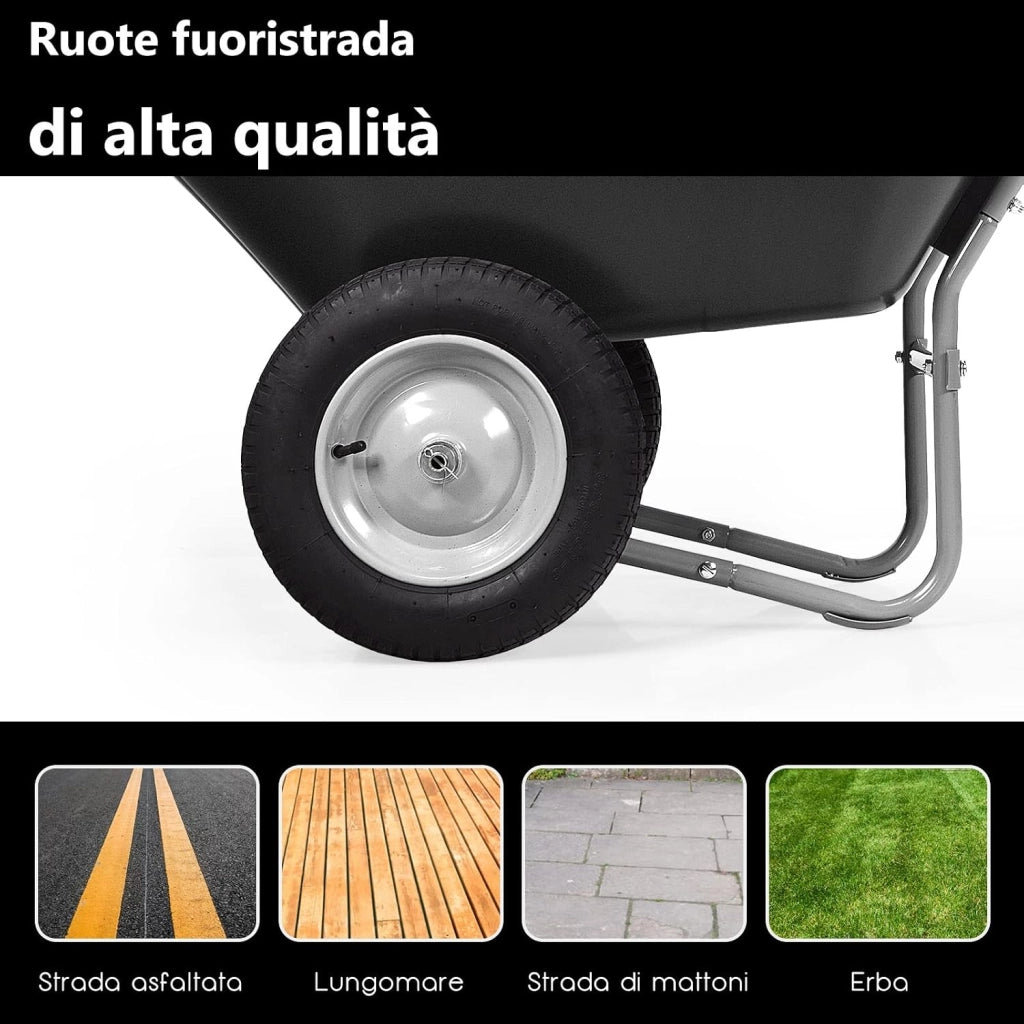 Carriola con 2 Ruote da Giardino, Carrello Resistente con Struttura in Acciaio Robusto, Ruote Pneumatiche 35,5 cm, Capacità 75L, Portata Max 100 kg (Nero)