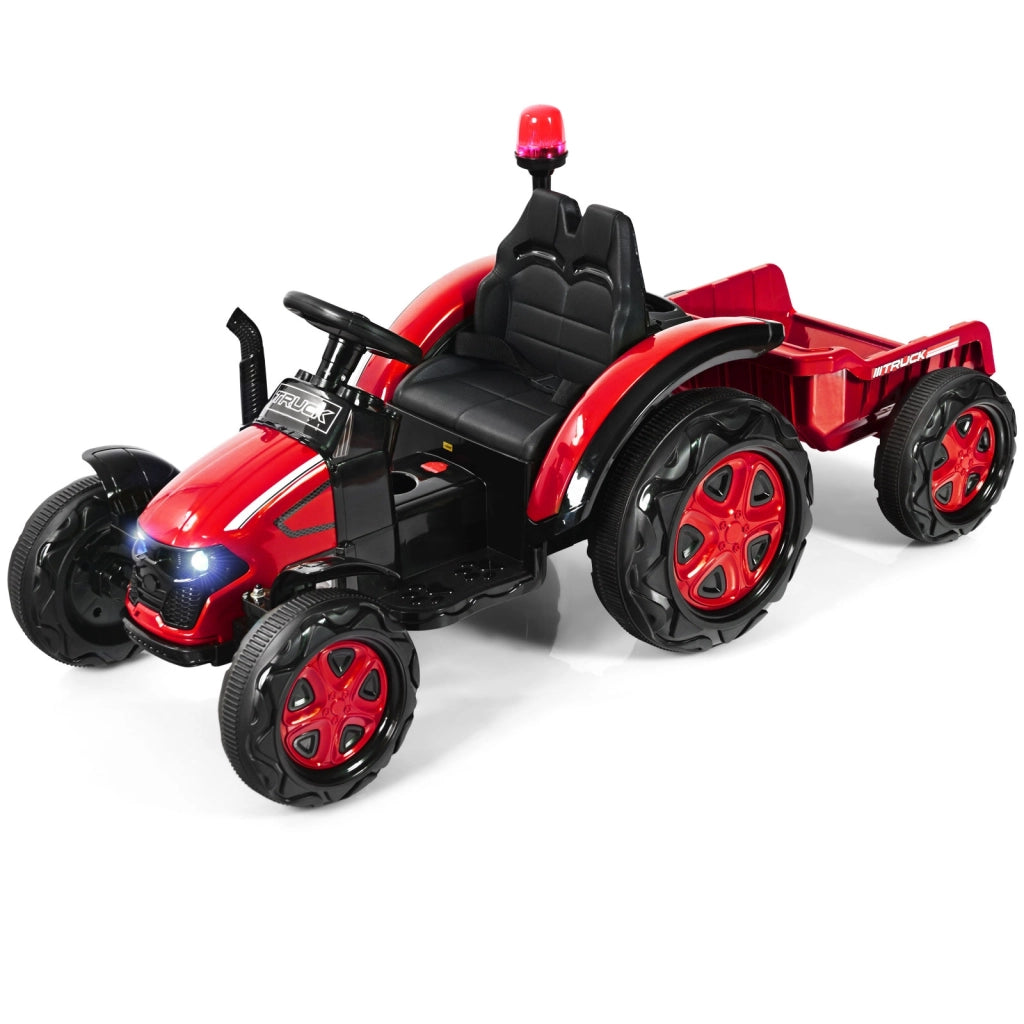Trattore elettrico per bambini con rimorchio e telecomando, Trattore giocattolo con cintura di sicurezza Rosso-Macchinine giocattoli
