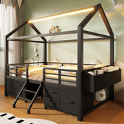Letto a soppalco 90x200 cm in metallo e MDF; struttura a casetta con cassetti; nero