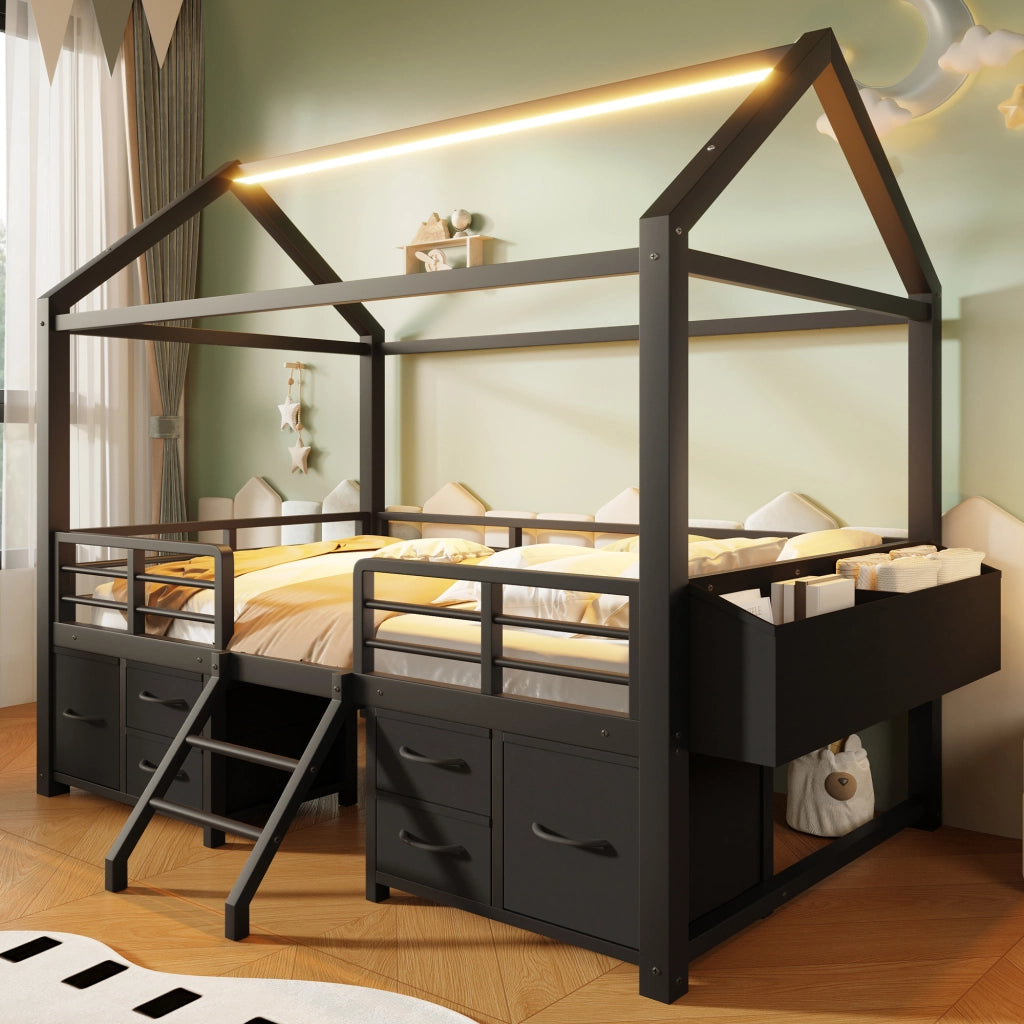 Letto a soppalco 90x200 cm in metallo e MDF; struttura a casetta con cassetti; nero