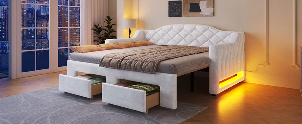 DESMIU Divano letto 90 × 200 e 180 × 200 cm 2 posti con 2 cassetti, LED, senza materasso, bianco