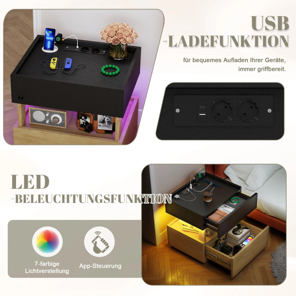 Comodino con ricarica wireless; USB; LED regolabile; 2 cassetti; 50 x 40 x 50 cm; nero e naturale