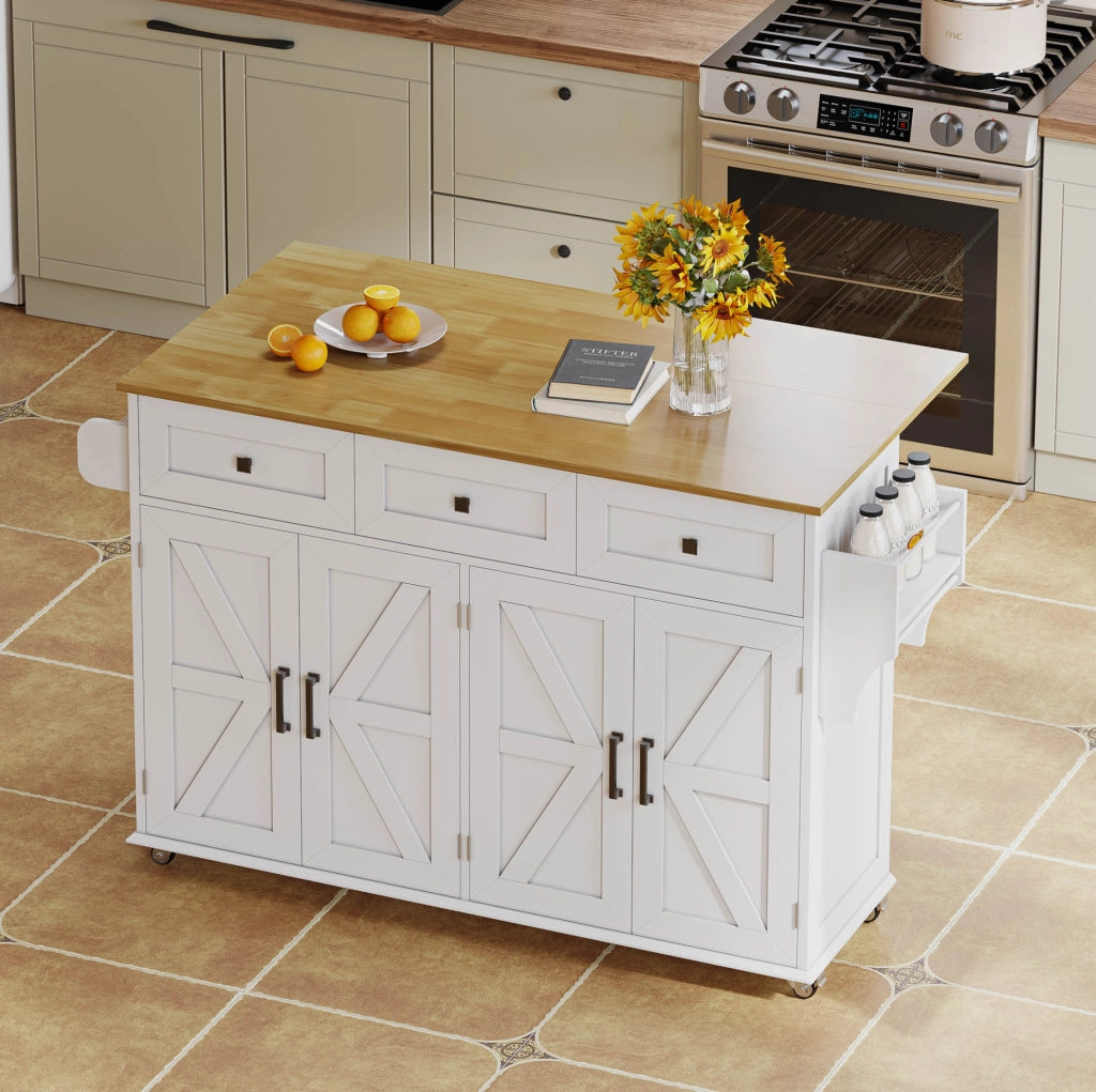 Isola da cucina mobile con piano ribaltabile, 4 ante e 3 cassetti