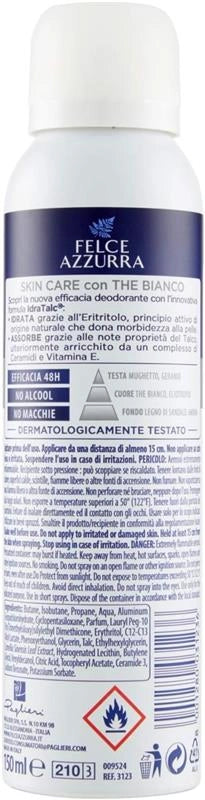 FELCE AZZURRA DEODORANTE SPRAY SKIN CARE CON THE BIANCO FORMULA IDRATALC EFFICACIA 48 ORE 150 ML ANTIMACCHIA