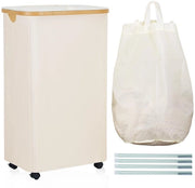 Asciugamani con ruote 105L, asciugamani con coperchio con sacco di lavaggio rimovibile, asciugamani con coperchio e manico in bambù facile da trasportare, asciugamani pieghevoli con coperchio, beige