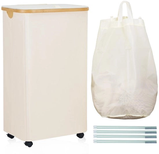 Asciugamani con ruote 105L, asciugamani con coperchio con sacco di lavaggio rimovibile, asciugamani con coperchio e manico in bambù facile da trasportare, asciugamani pieghevoli con coperchio, beige