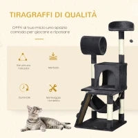 Albero per Gatti con Tiragraffi per Gatti, Casetta per Gatti, Amaca, Letto, Tunnel e Pallina, 48x48 x125 cm, Grigio Scuro