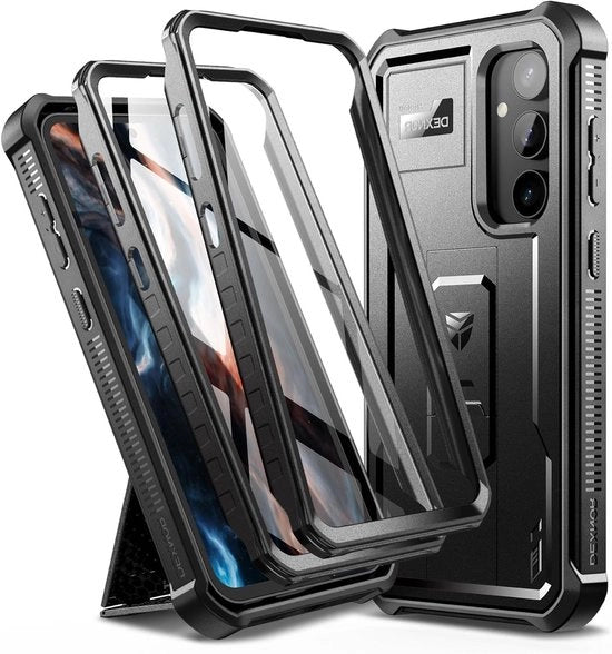 Case per Samsung Galaxy S23 FE 5G con Schermo Integrato, Protezione 360°, Bumper in Poliuretano con Stand, Nero, Ideale per la Sicurezza e il Comfort d'Uso