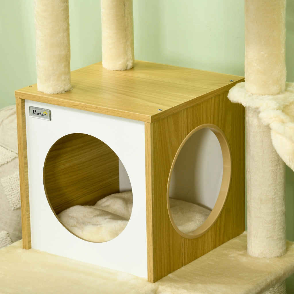 EasyComfort Albero per Gatti con Casetta, Tiragraffi per Gatti, Posatoio e Paletto, 48.5x48.5x141.5 cm, Beige