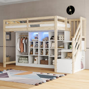 Letto a soppalco con armadio e illuminazione LED - Zephmum- 90x200 cm, colore legno