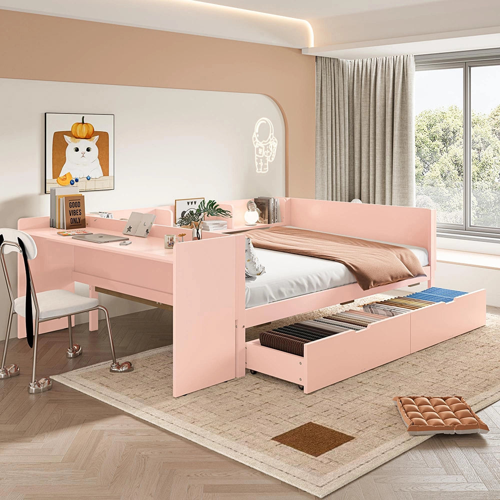 Letto-Xylo-140x200 cm-con scrivania, 2 cassetti, scaffali, pino, rosa