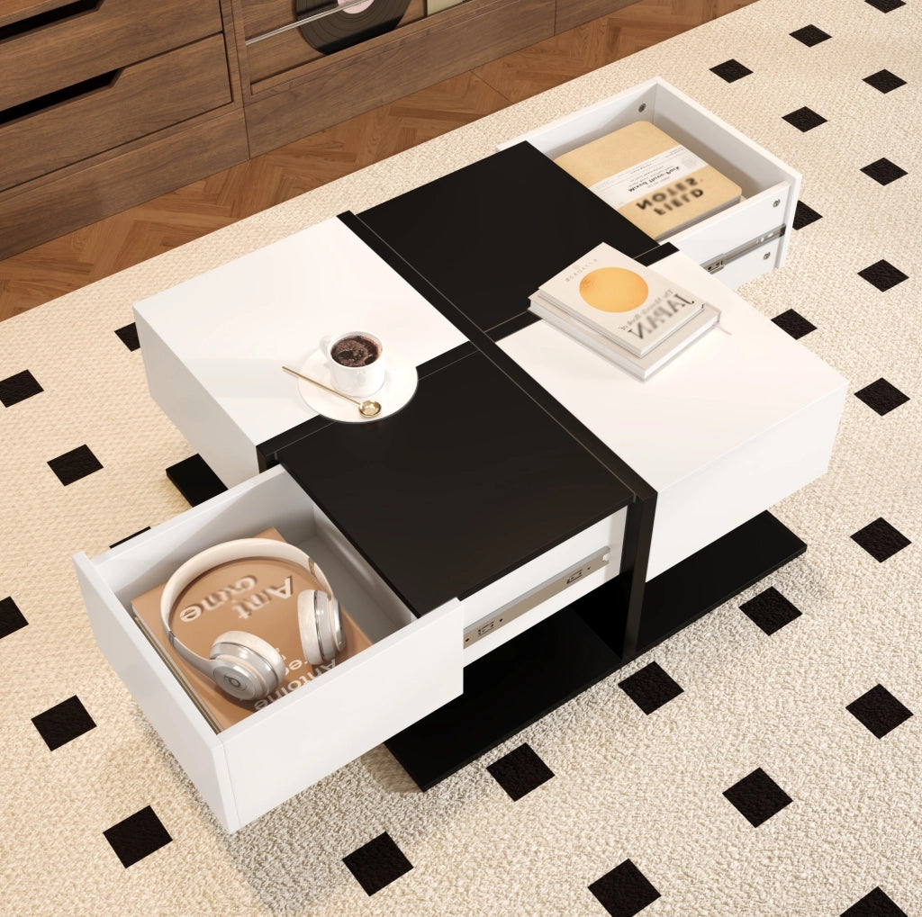 Tavolino da caffè 70x70x35.5 cm con 2 cassetti; spazio nascosto; in truciolare nero e bianco