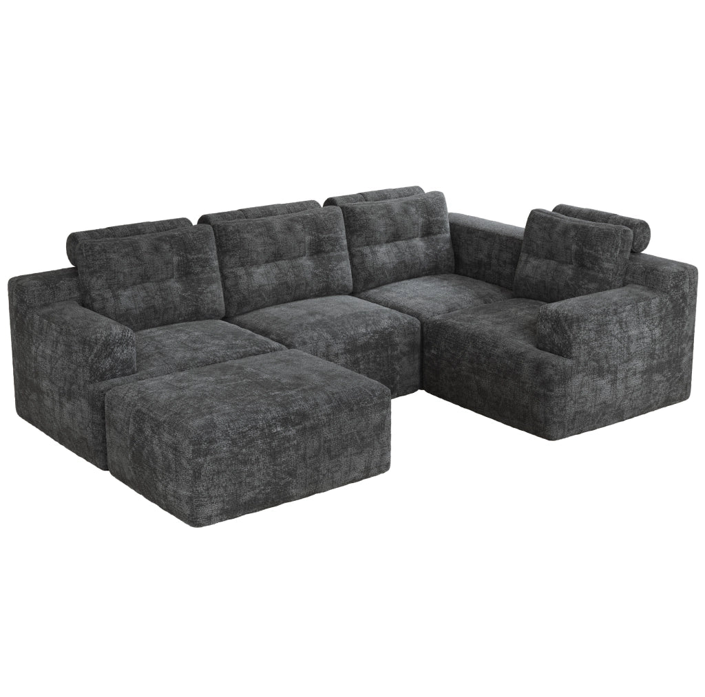 Divano modulare 5-6 posti in ciniglia grigio con pouf; 252x180x82 cm