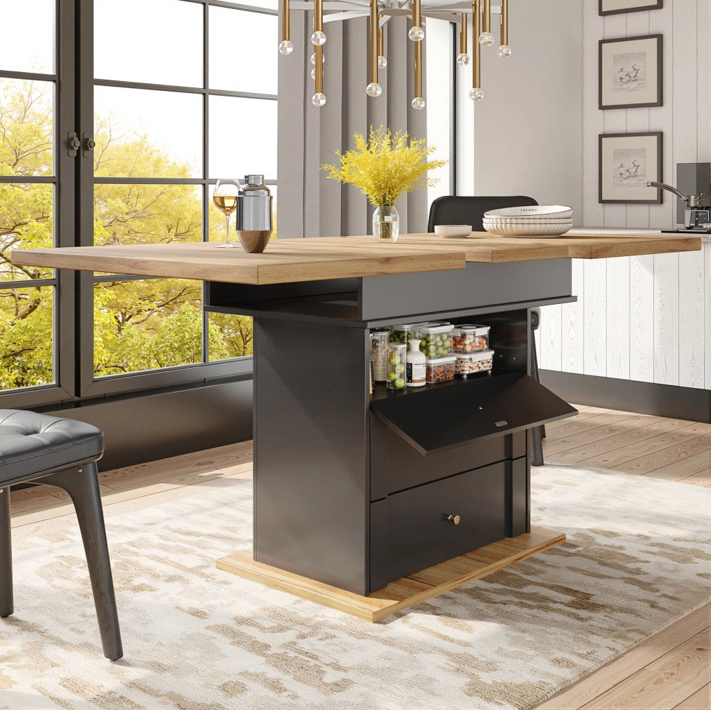 Tavolo da pranzo allungabile 110-140x80x75 cm con contenitore; MDF e metallo; nero e naturale