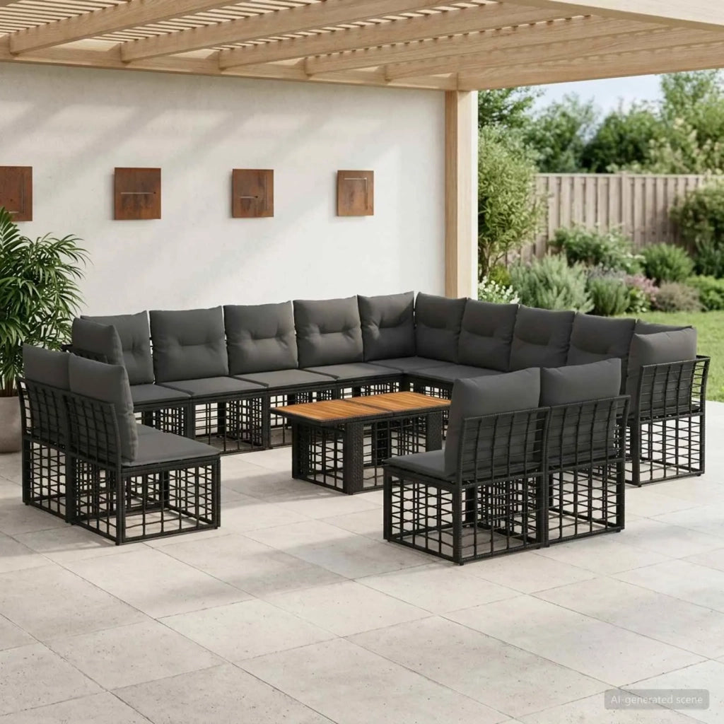 Set Divano da Giardino 14 pz Nero e Grigio scuro polyrattan 3437927