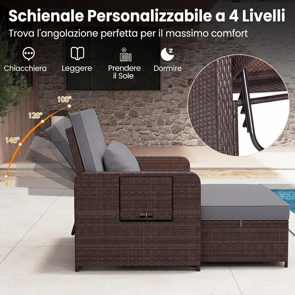 Lettino Prendisole in Rattan, Set 2 Pezzi con Divanetto & Pouf Contenitore, Schienale Regolabile a 4 Livelli e Tavolini Laterali Pieghevoli, Sdraio Doppia per Giardino e Piscina (Grigio)